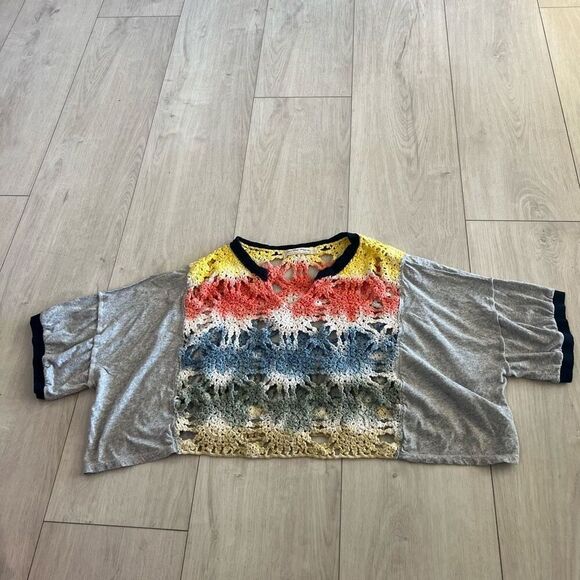 Free People Joshua Tee Crochet Pastel Open Weave Knit top size M - Picture 1 of 8